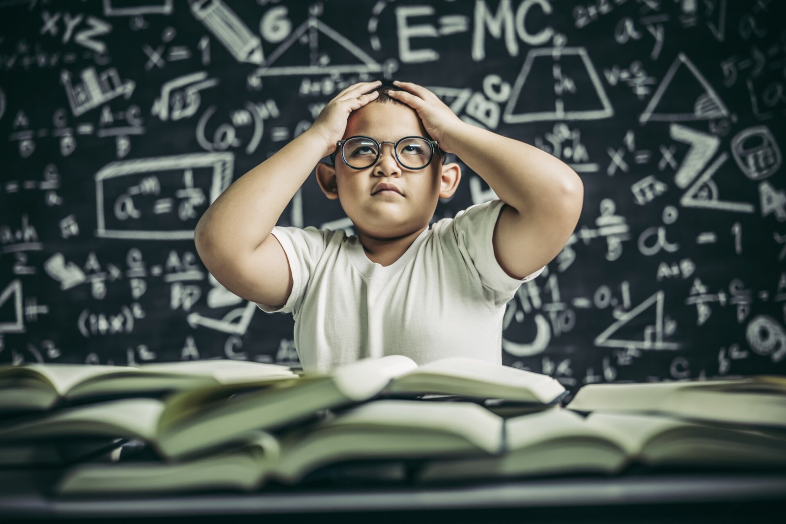 Boys with glasses write books and think in the classroom